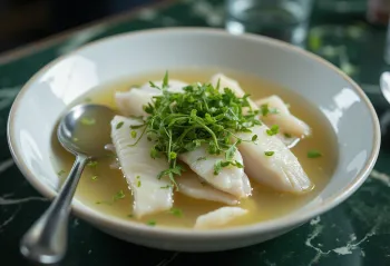Psarosoupa sprinkled with parsley, rich fish soup served with fresh olive oil and lemon juice