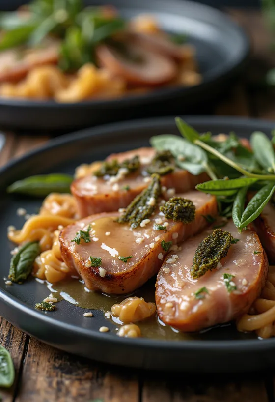 Saltimbocca with pork tenderloin, sage and prosciutto, with white wine sauce