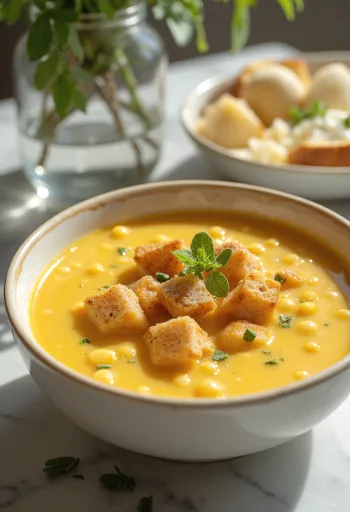 Yellow split pea soup served with smoked sausage and fresh parsley