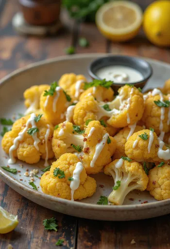 Roasted cauliflower with lemon tahini sauce served