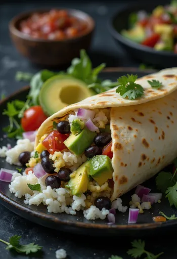 Vegan burrito filled with rice, beans, avocado and sweetcorn