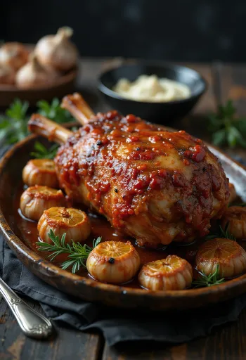 Lamb roasted with Ajvar served with fresh parsley and roasted potatoes