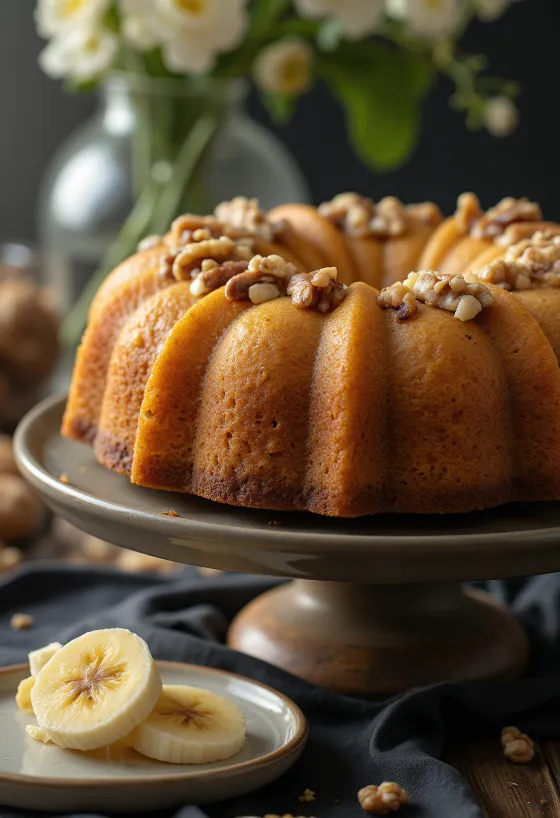Banana walnut Bundt cake served