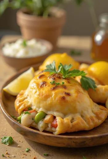 Chilean Empanada de Pescado, fish empanada filled with white wine fish, golden brown pastry
