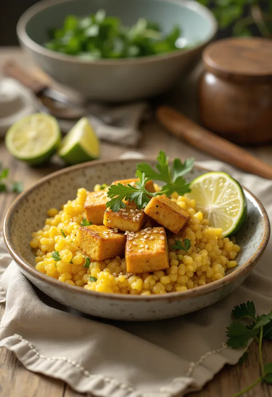 Garlic quinoa curry with lime tofu
