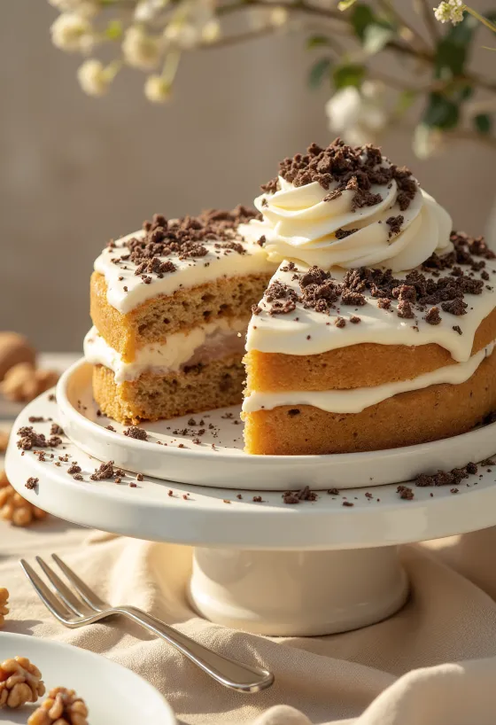 Chestnut and walnut cake with rich cream and walnuts