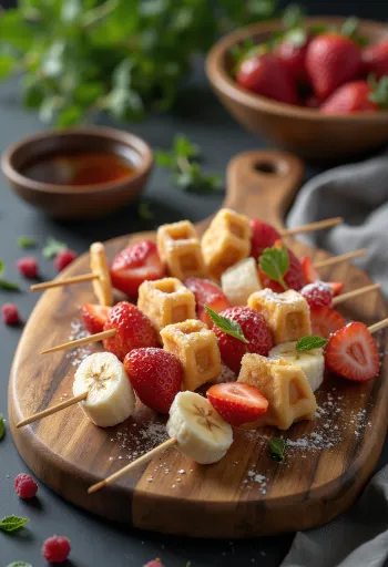 Waffle skewers served with fresh strawberry, banana and grapes