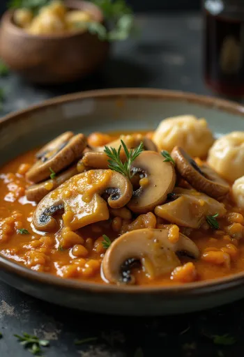 Creamy mushroom paprikash served with fresh parsley and dumplings