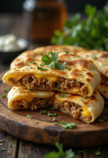 Haggis quesadilla, crispy tortilla fried golden brown, filled with vegetables and cheese
