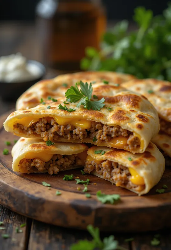 Haggis quesadilla, crispy tortilla fried golden brown, filled with vegetables and cheese