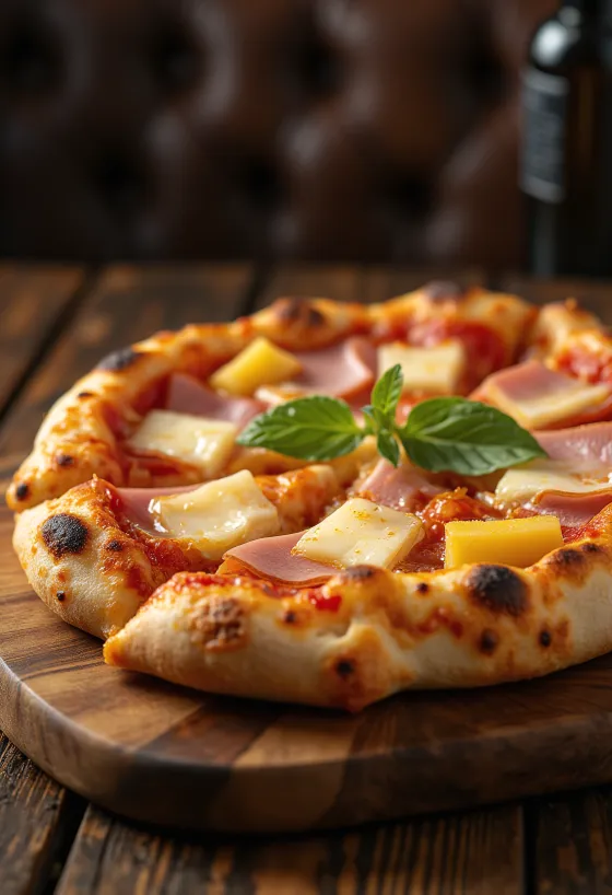 Hawaiian pizza with pineapple and ham