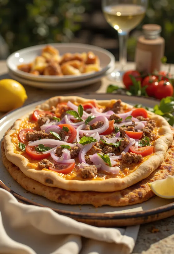 Lahmacun: minced meat topping on thin dough, served with fresh vegetables and lemon
