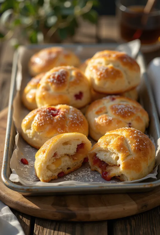 Soft jam-filled sweet rolls dusted with icing sugar, served on a tray.