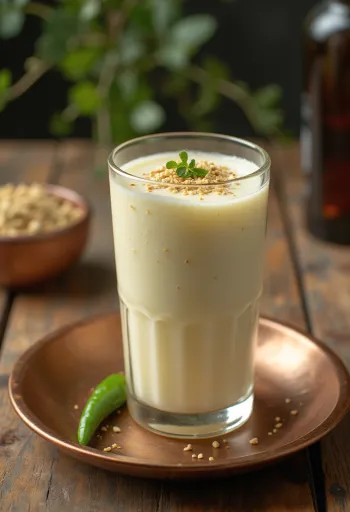 Masala Lassi garnished with fresh coriander, spiced yoghurt drink