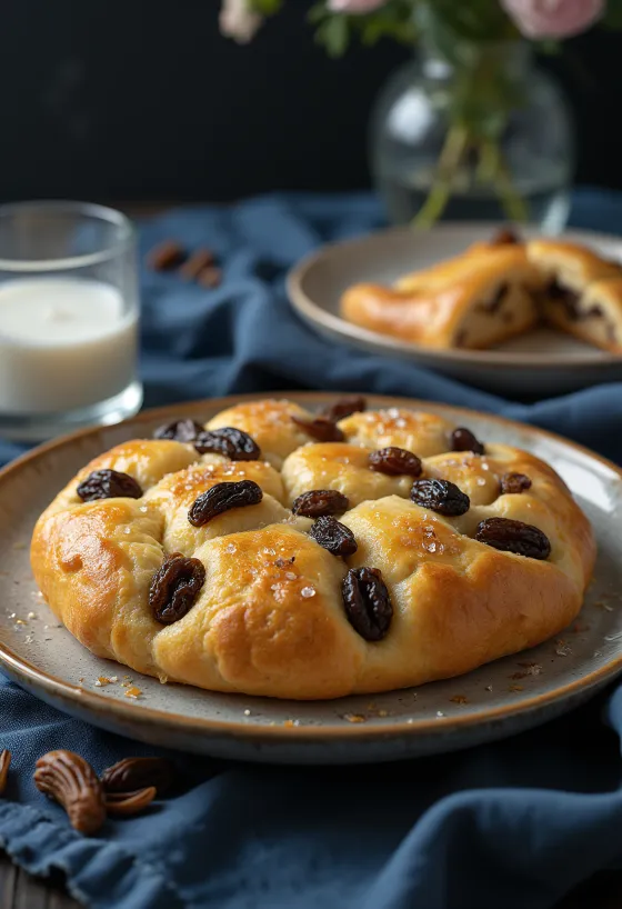 Raisin and vanilla focaccia served