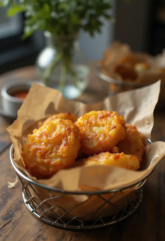 Freshly made Onion Bhajis, crispy onion balls