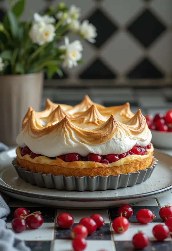 Redcurrant meringue cake served