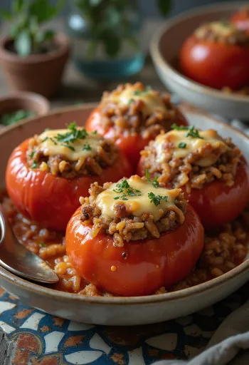 Stuffed tomato sprinkled with fresh herbs and cheese