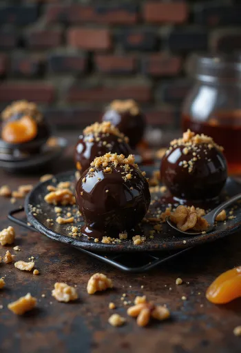 Gerbeaud balls dipped in chocolate and garnished with walnuts