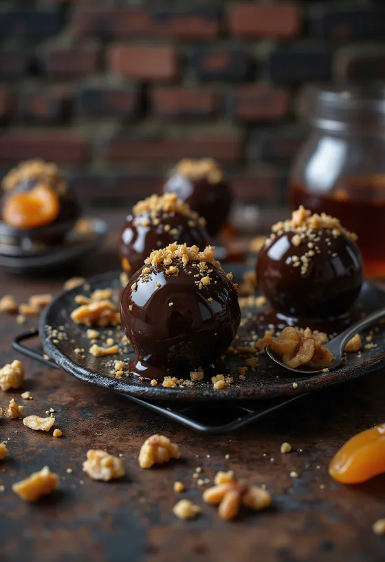 Gerbeaud balls dipped in chocolate and garnished with walnuts