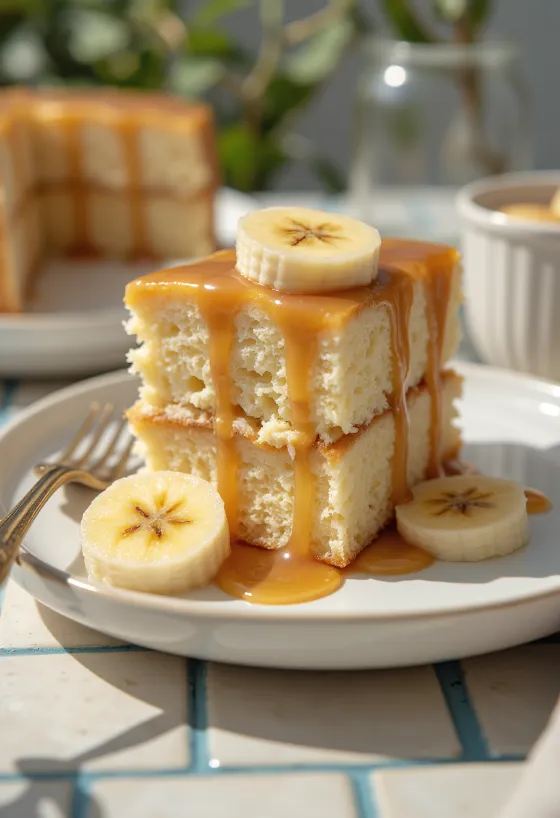 Banana caramel cake served