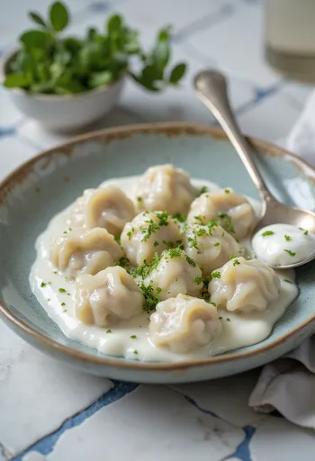 Chuchvara dumplings drizzled with yoghurt, sprinkled with parsley, served in a bowl