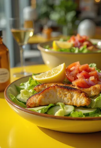 Fresh chicken salad with crisp vegetables and grilled chicken breast, balsamic dressing.