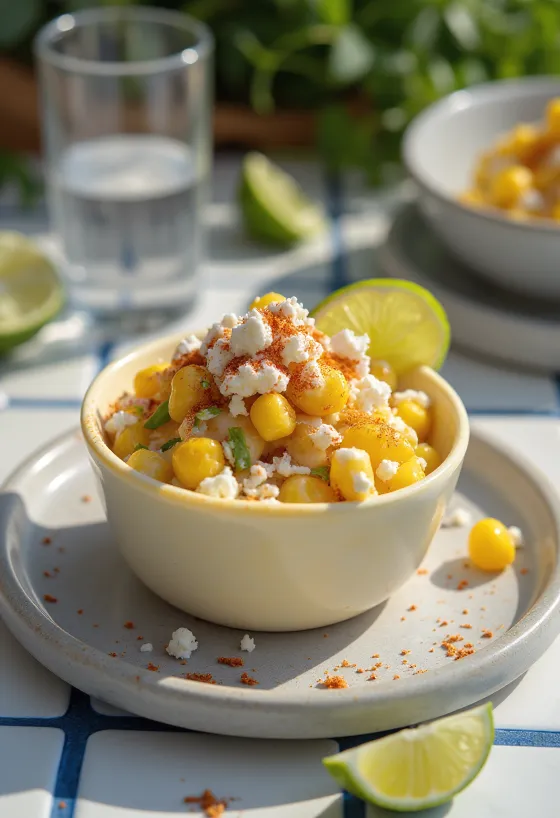 Esquites with feta cheese and coriander, seasoned with fresh lime