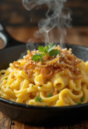 Käsespätzle, Austrian cheese noodles with smoked ham and fried onions