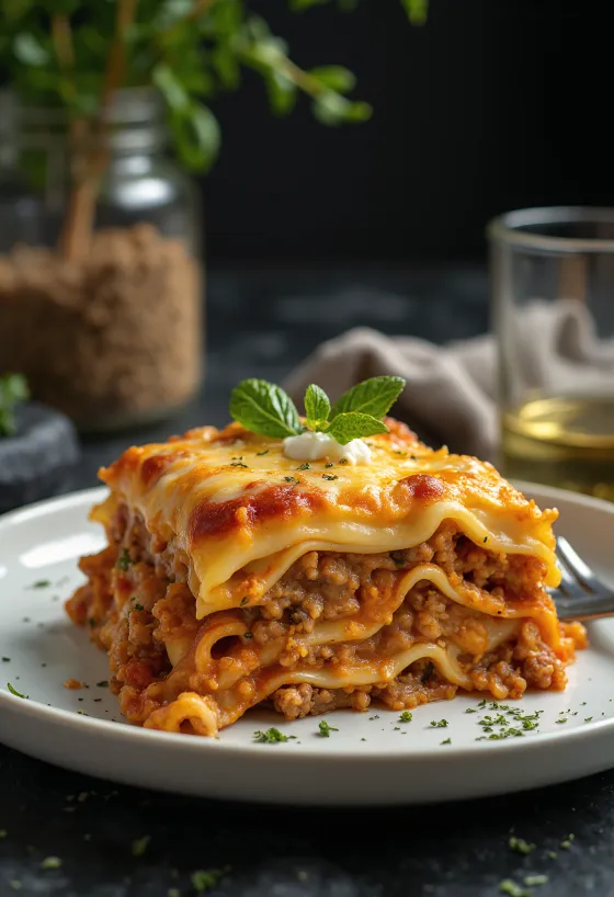 Italian lasagne layered with juicy tomato minced meat and creamy béchamel
