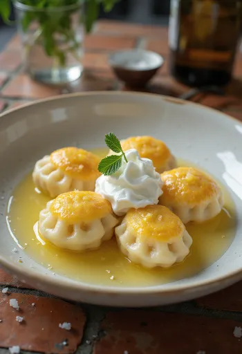 Russian curd cheese pelmeni served with soured cream