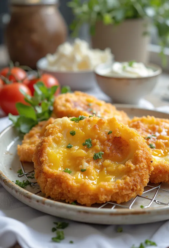 Breaded aubergine in crispy coating, fried golden brown