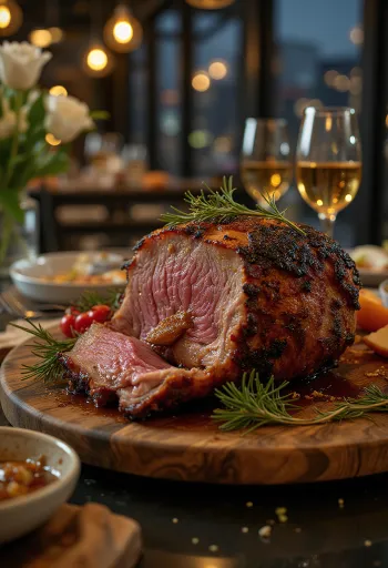 Roast boar with honey glaze served with roasted vegetables.