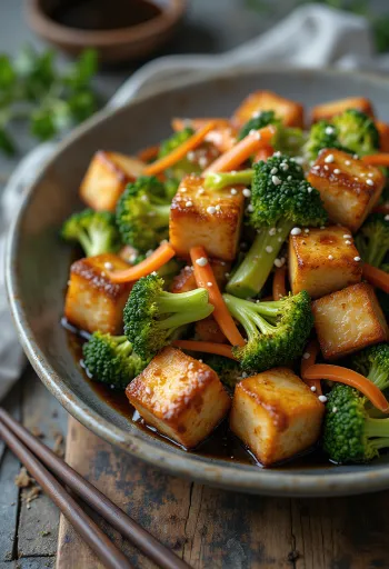 Roasted tofu with broccoli salad served