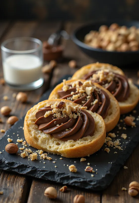 Turrón slices decorated with Nutella and hazelnuts