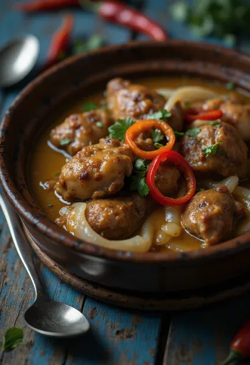 Adobo with coconut milk, rich, spicy dish served with rice and coriander