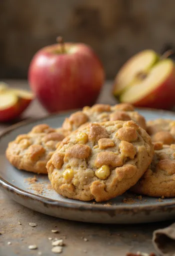 Apple cookies in golden brown colour, dusted with icing sugar