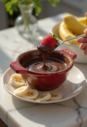Hot chocolate fondue served with fruit and sponge cake pieces.