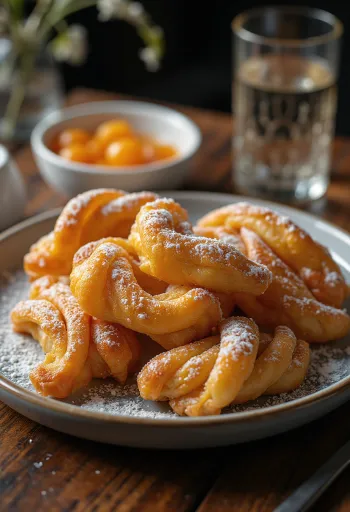 Csörögefánk dusted with icing sugar, served with jam