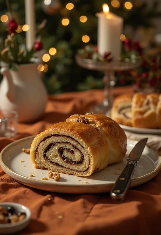Freshly baked walnut roll (bejgli) slices