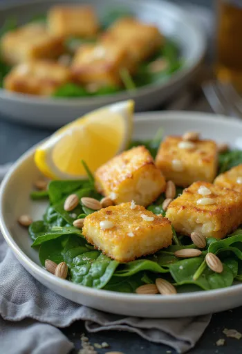 Garlic tofu served with spinach salad, fresh and crisp vegetables