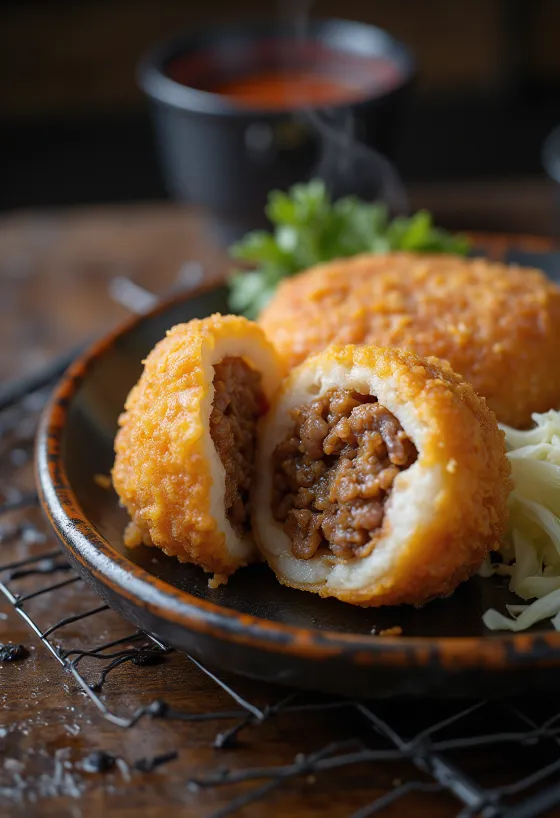 Katsu Menchi, crispy breaded meat patty with tonkatsu sauce