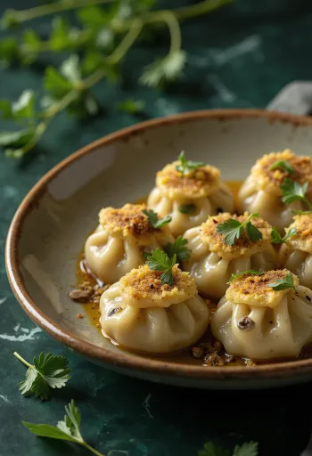 Russian vegetarian pelmeni served with soured cream