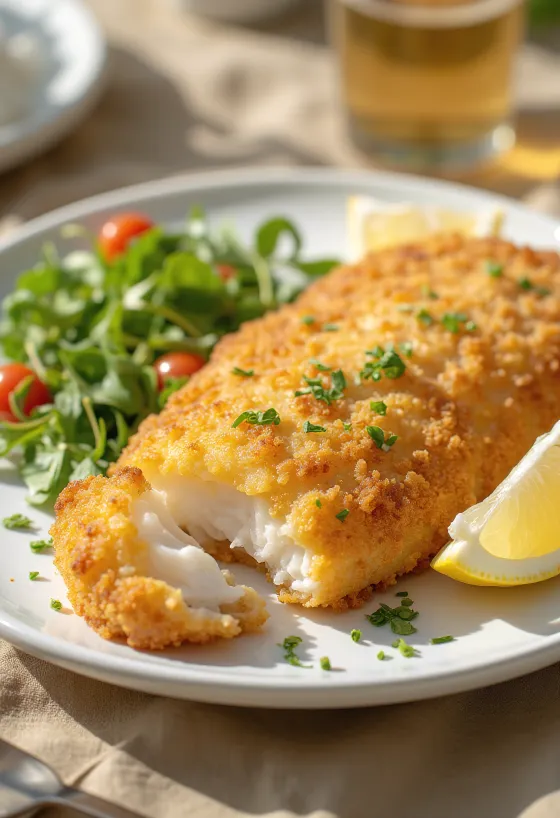 Crispy breaded fish fillet fried golden brown, served with fresh lemon rings and vegetables.