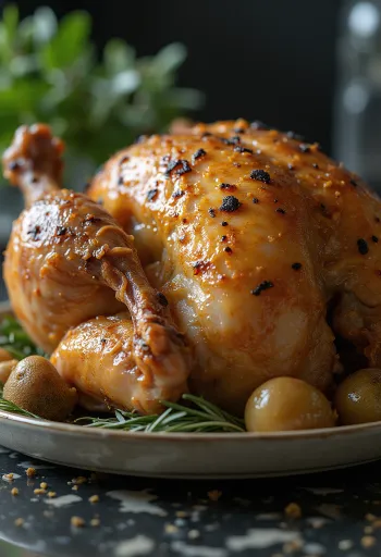 Roast capon with truffle butter served with roasted vegetables.