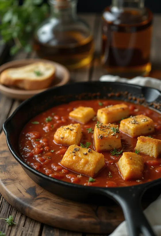 Roasted tofu with spicy tomato sauce served