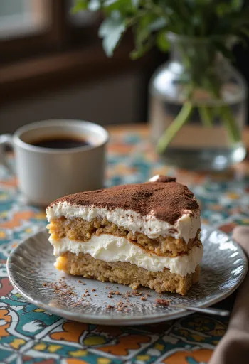 Creamy tiramisu cake with layered coffee-soaked sponge fingers and mascarpone cream, dusted with cocoa powder.