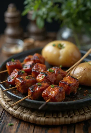 Anticuchos skewers served with grilled vegetables
