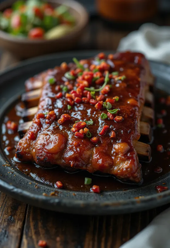 BBQ ribs served with spicy sauce