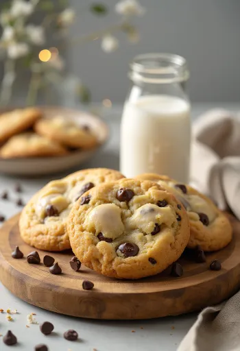 Freshly baked chocolate chip cookies with crisp edges and soft centres